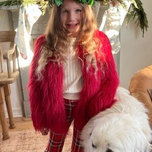 Zara girls size 8 red pink holiday faux fur shag coat EUC valentines dance boho